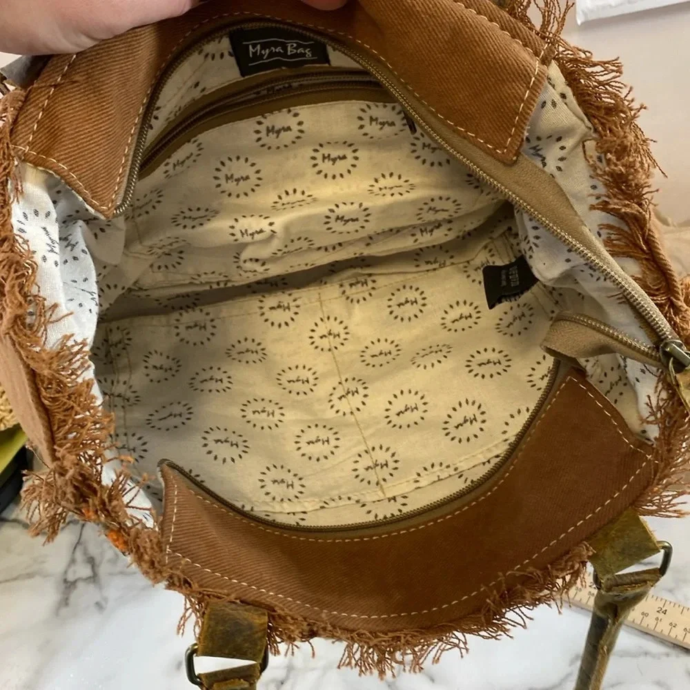 Myra‎ Bag Sequoia Dreams Shoulder Bag Western Brown Tan Cotton Leather Boho